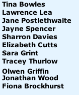 Tina Bowles  Lawrence Lea Jane Postlethwaite  Jayne Spencer Sharron Davies Elizabeth Cutts Sara Grint Tracey Thurlow Olwen Griffin Jonathan Wood  Fiona Brockhurst